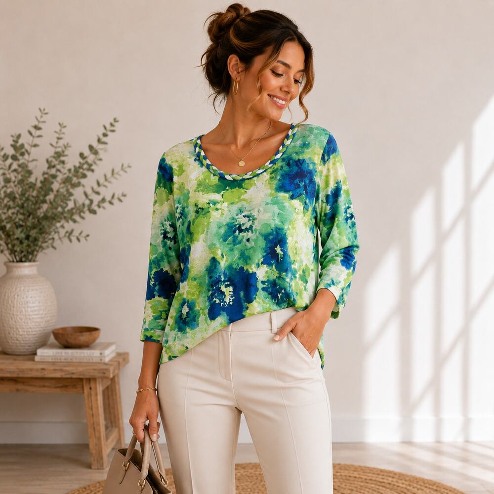 Susan Graver Liquid Knit Blouse Women's Sz M Green Blue Tie Dye Braided Neckline